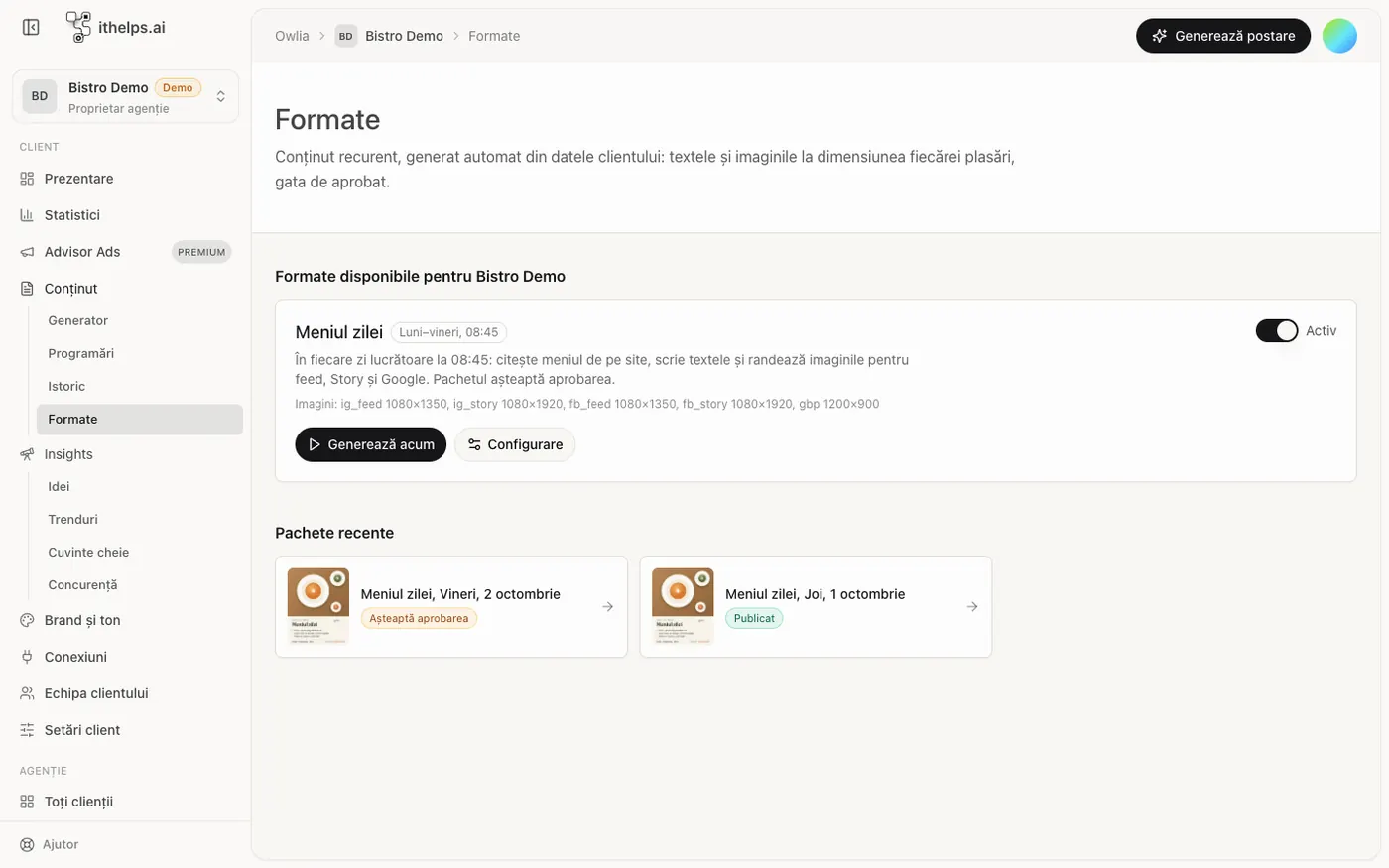 Formatele automate în ithelps: aceeași postare pregătită pentru Instagram, Facebook, story și Google Business.